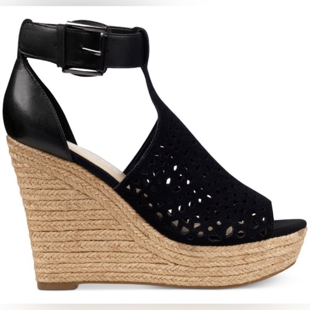 Marc Fisher women’s “Hasina” T-strap platform wedge espadrilles sandals‎ black 9